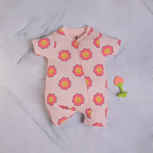 Smiley Flowers Printed Zip-Up Romper