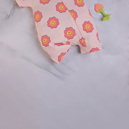 Smiley Flowers Printed Zip-Up Romper