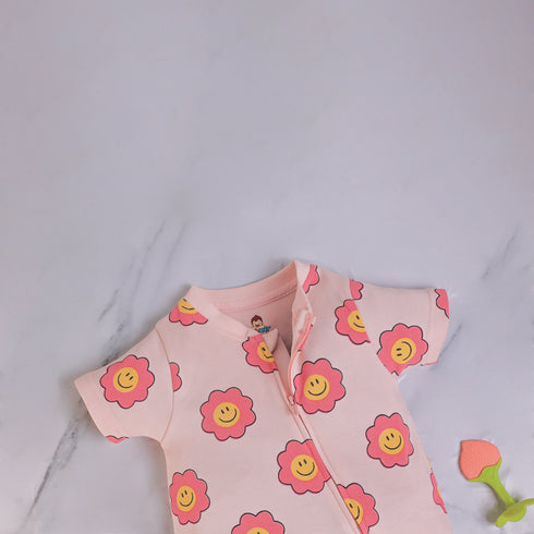 Smiley Flowers Printed Zip-Up Romper