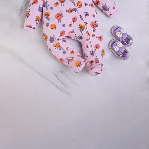 Ice Cream Patterned Lilac Interlock Footed Sleepsuit