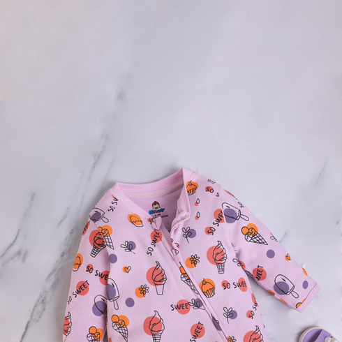 Ice Cream Patterned Lilac Interlock Footed Sleepsuit
