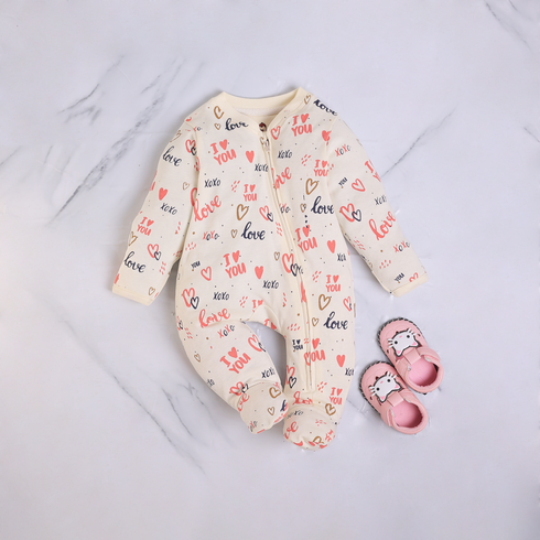 Love Patterned Cream Interlock Footed Sleepsuit