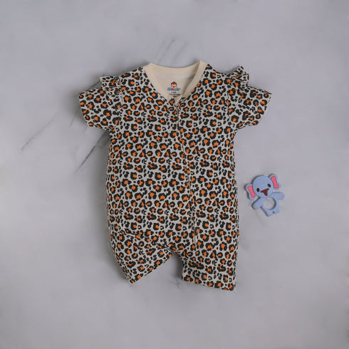 Frilled Leapard Print Zip-Up Romper