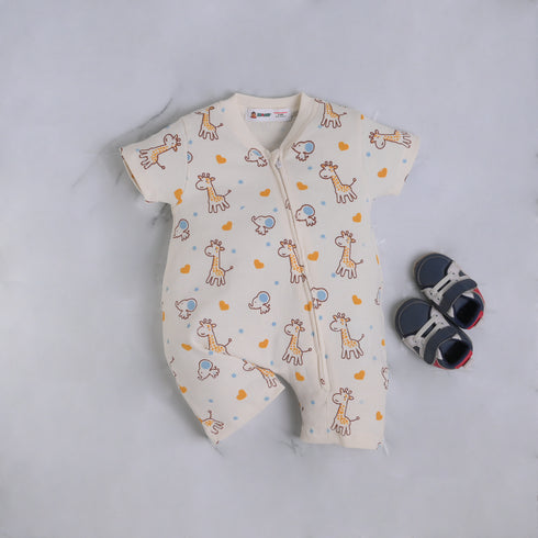 Giraffe & Elephant Printed Zip-Up Romper