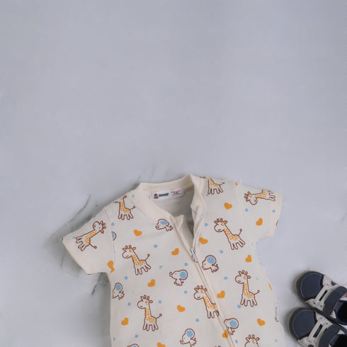 Giraffe & Elephant Printed Zip-Up Romper