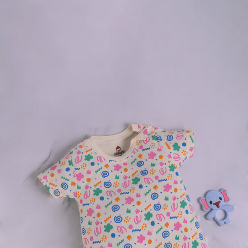 Cream Abstract Printed Buttoned Romper