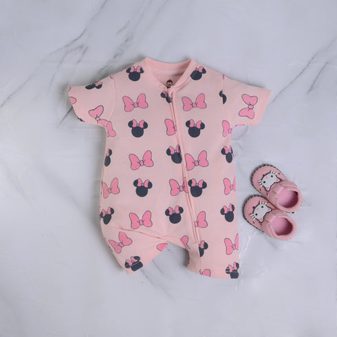 Pink Bow Printed Zip-Up Romper