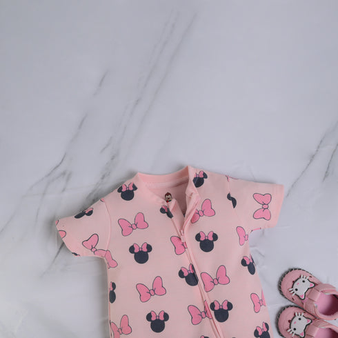 Pink Bow Printed Zip-Up Romper